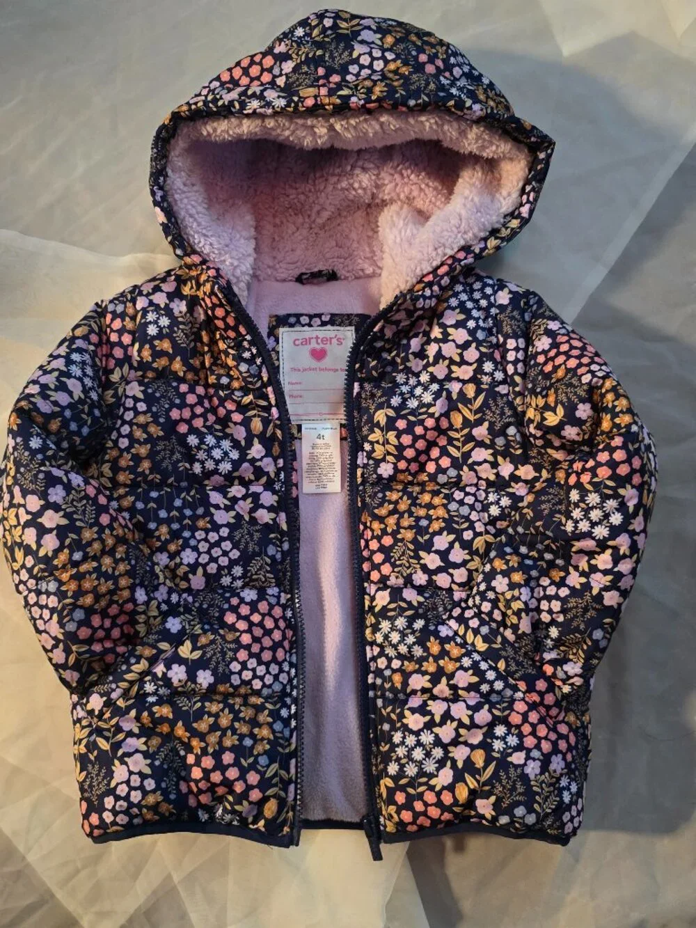 Carter's 4T Toddler Girl Floral Sherpa Lined Hooded Puffer Jacket Coat Blue Pink
